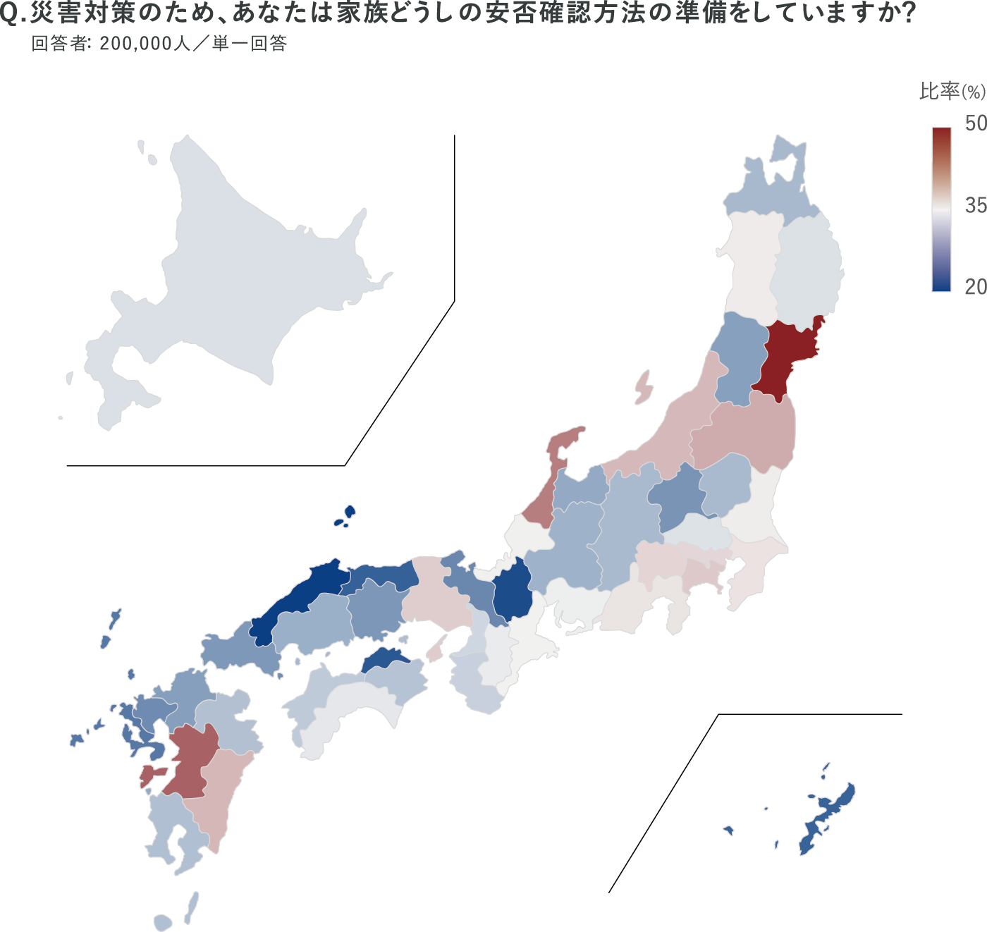 災害対策のため、あなたは家族どうしの安否確認方法の準備をしていますか？ 回答者：200,000人／単一回答比 都道府県ごとの分布図